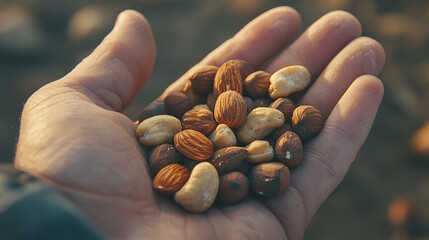 A handful of fresh mixed nuts held in a person's hand