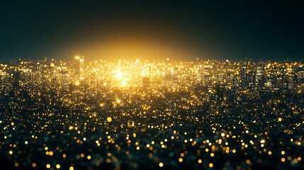 Futuristic Golden City at Night Sparkly Panorama Gleaming Urban Lights and Metropolitan Ambience