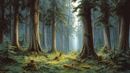 Obraz premium Ancient woodland filled with dense vegetation, tree trunks disappearing into a misty background.