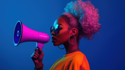 Fashionable woman with megaphone in neon light - bold, trendy, and dynamic expression