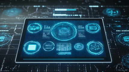 Obraz premium Futuristic Holographic Interface on Touchscreen Device Showcasing Advanced Data Analysis System
