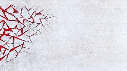 Abstract artwork featuring cracked surface with red accents on a light background.