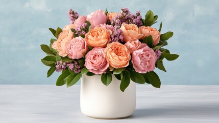 Elegant floral arrangement with peonies and roses in white vase