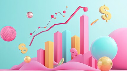 Business wealth increasing with 3D futuristic money investment, rising charts, and financial success.