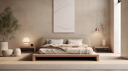 A peaceful bedroom with a neutral color palette, a simple bed frame, and soft linens.