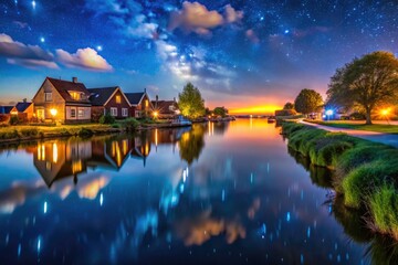 Peaceful river, illuminated banks, starry night sky mirrored in calm waters.