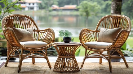 Cozy outdoor seating with rattan chairs and a table.  HD 8K wallpaper Photographic Image