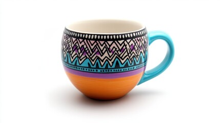 Colorful patterned mug with blue handle isolated on white background