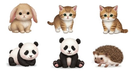 Obraz premium Cute cartoon animals including a bunny, kitten, panda, and hedgehog