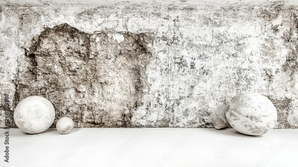 Poster a minimalist interior with textured walls and abstract spherical objects.