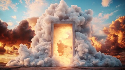 Doorway in clouds and concrete wall with heavenly details and high fidelity resolution