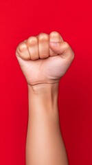 Close-Up of a Raised Fist Against a Vibrant Red Background Symbolizing Strength and Determination