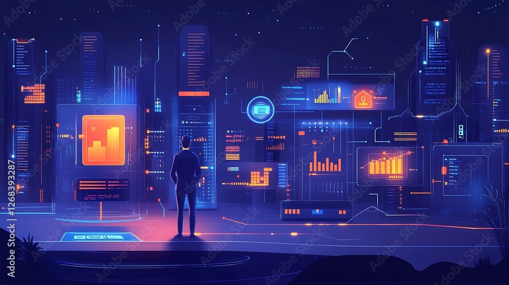 Poster man observing futuristic cityscape data interface
