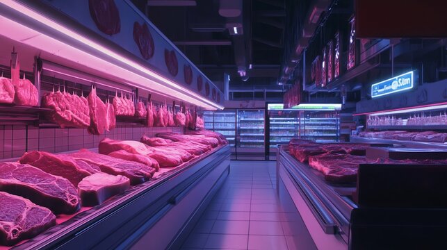 Rows of fresh meat displayed in a supermarket's butcher section under pink and blue lighting.