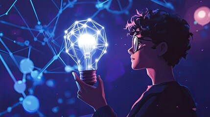 Entrepreneur holding a digital light bulb with blockchain connections, symbolizing technological breakthroughs and innovation.