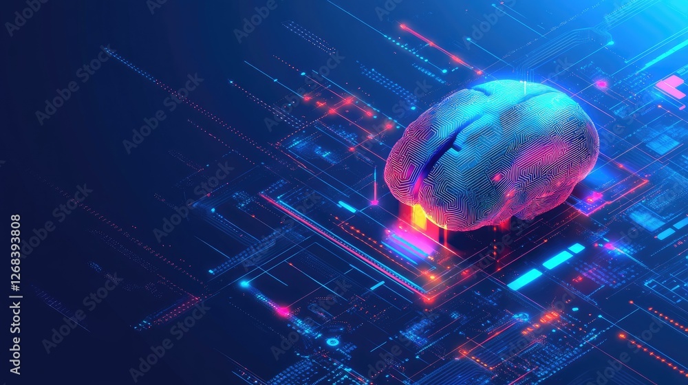 Poster floating holographic brain with futuristic interfaces, symbolizing ai-driven innovation.