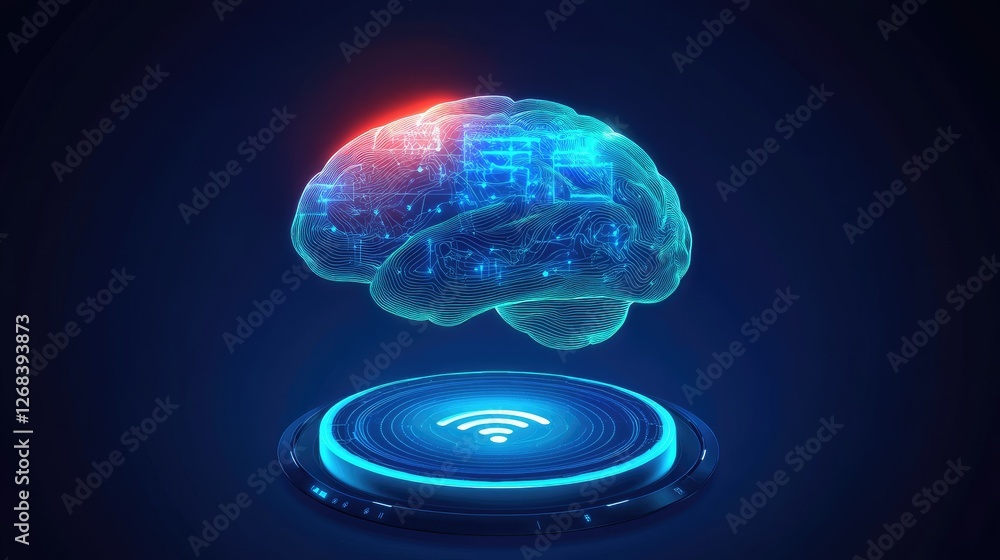 Poster floating holographic brain with futuristic interfaces, symbolizing ai-driven innovation.