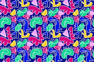 Seamless pattern with playful, abstract shapes and vibrant colors, reminiscent of children's art and imaginative doodles. Perfect for kids' products, textiles
