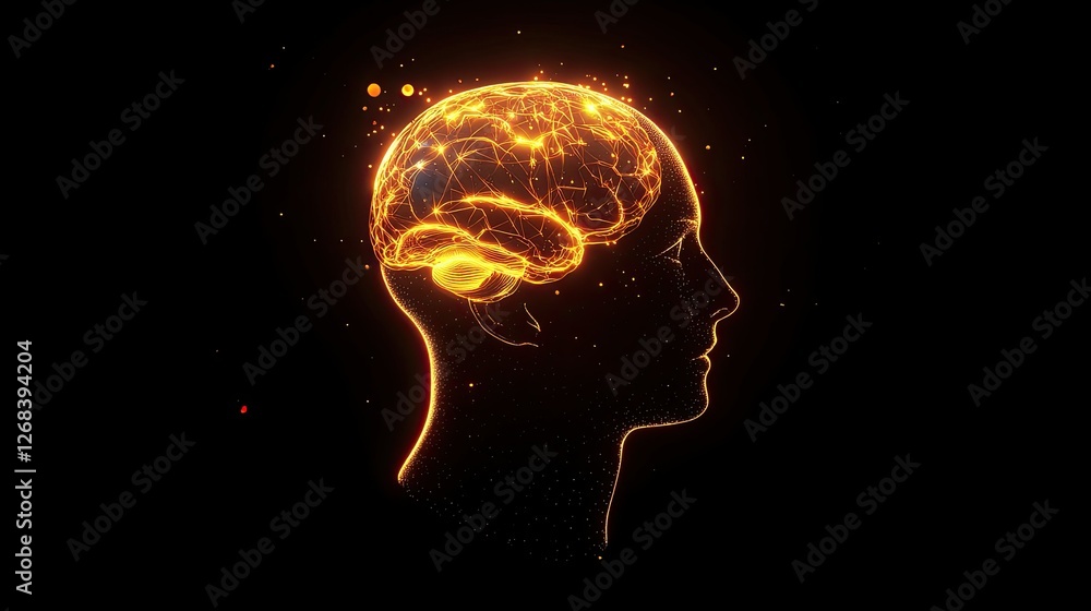 Poster futuristic head with a glowing cyber brain, representing advanced ai-powered cognition.
