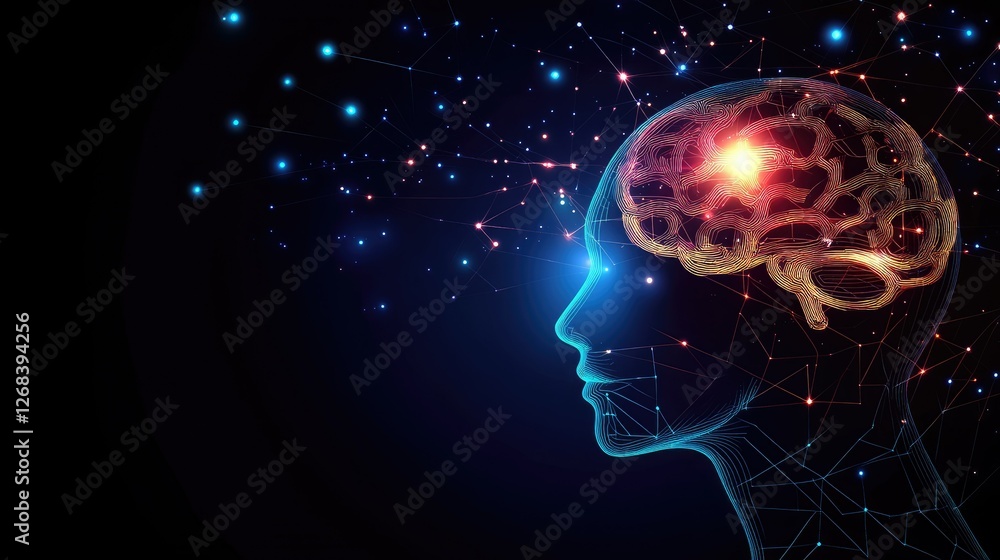 Poster futuristic head with a glowing cyber brain, representing advanced ai-powered cognition.