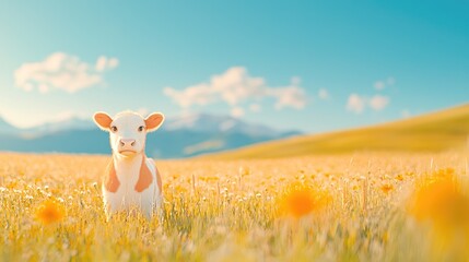 Cute calf in a field of flowers under a blue sky