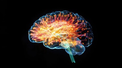 Futuristic human brain glowing with neural connections, symbolizing AI and digital intelligence.