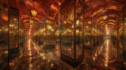 Obraz premium Within the hall of mirrors, endless reflections stretched out in all directions, creating a labyrinth of changing perspectives. The curved, curved glass distorts each image into elongated, 
