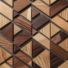 This high-resolution geometric wooden mosaic wall panel showcases a refined arrangement of precisely cut wooden tiles in a modern, elegant design.