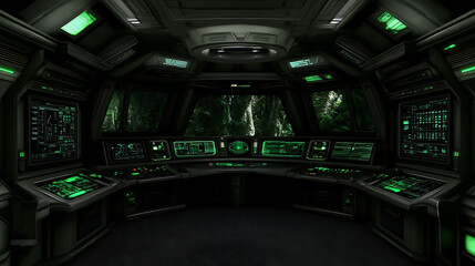 Obraz premium Futuristic Starship Bridge Command Center Overlooking Lush Jungle Exterior View Space Exploration