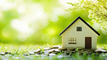 House model on piles of coins with blurred green background, signifying eco-friendly home financing.