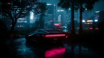 Futuristic Vehicle in Rain Reflected Neon Cityscape Under Dim Light Atmosphere