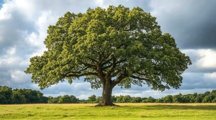 Fototapeta premium Majestic English oak tree standing alone in a vast green field under a cloudy sky, Lincolnshire, England.