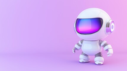 Cute futuristic robot with colorful visor on pastel purple background