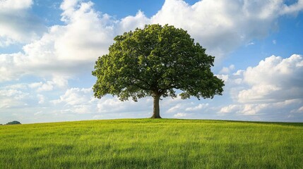 Obraz premium Majestic English oak tree standing alone in a vast green field under a cloudy sky, Lincolnshire, England.