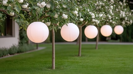 Elegant lanterns hanging from trees in a serene garden setting at dusk