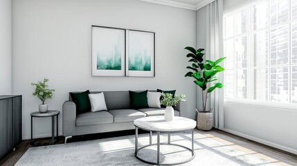 Fototapeta premium Modern Minimalist Living Room Interior Design Grey Sofa White Coffee Table
