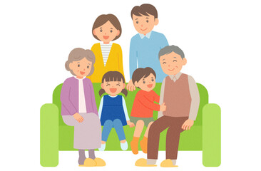 ソファーに座る笑顔の三世代家族