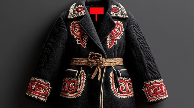 Detailed embroidered black coat with red patterns and leather belt