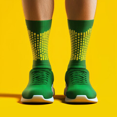 Green Athletic Socks in Pixel Art Style with Electric Yellow Accents for Sporty Fashion
