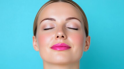 Close-Up Portrait of a Woman with Glowing Skin and Pink Lips Against a Bright Blue Background