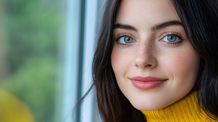 Fototapeta premium Close-Up Portrait of a Young Woman with Blue Eyes Smiling in Yellow Turtleneck by a Window