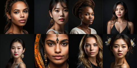 Fototapeta premium Multiracial group portrait and face collage of various elegant young people, suitable for profile pictures and user photos. Diversity concept
