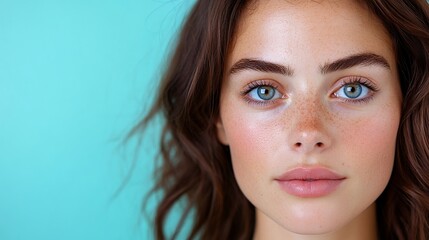 Naklejka premium Close-Up Portrait of a Young Woman with Freckles and Blue Eyes Against a Turquoise Background