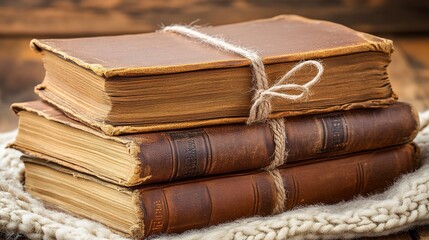 Antique books, twine-tied, wooden background, cozy knit