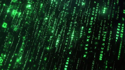 Dynamic Green Matrix Code Flowing in an Abstract Digital Landscape Displaying Data and Technology Visuals for Modern Applications