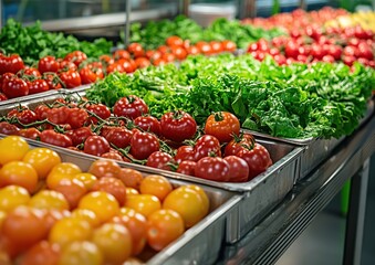 Fresh Tomatoes, Lettuce, and Yellow Cherry Tomatoes Displayed in Metal Trays at Market