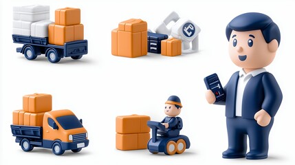 Fototapeta premium Colorful Delivery Vehicles and Figures with Packaging Elements in Optimistic Setting