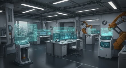 High-tech laboratory with robotic arms and digital displays in use