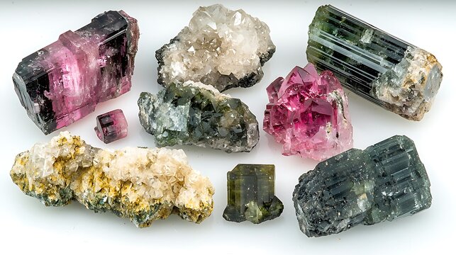 A collection of rocks and crystals, including a pink one