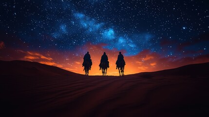 Fototapeta premium Three silhouetted figures on horseback against a starry desert sunset.
